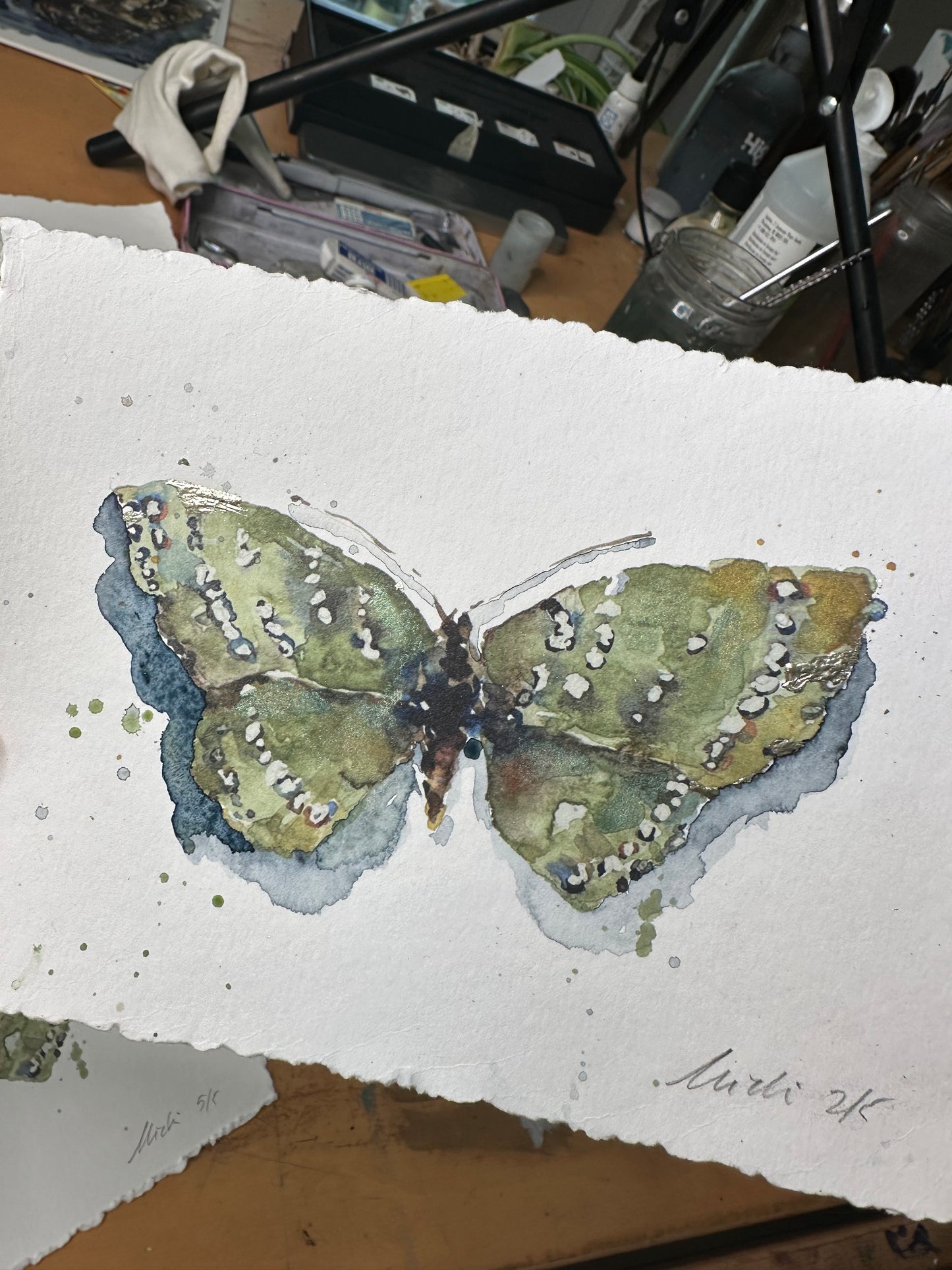 Hand Embellished Print - Green Moth